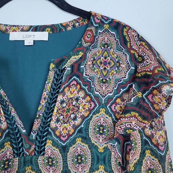 Loft Womens Size Large Tapestry Ruffle Shoulders Split Neck Blouse Blue Red - Picture 3 of 7